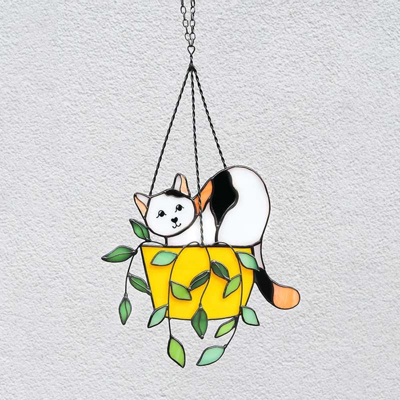 Cat in a flowerpot Suncatcher Stained Glass Window Hangins