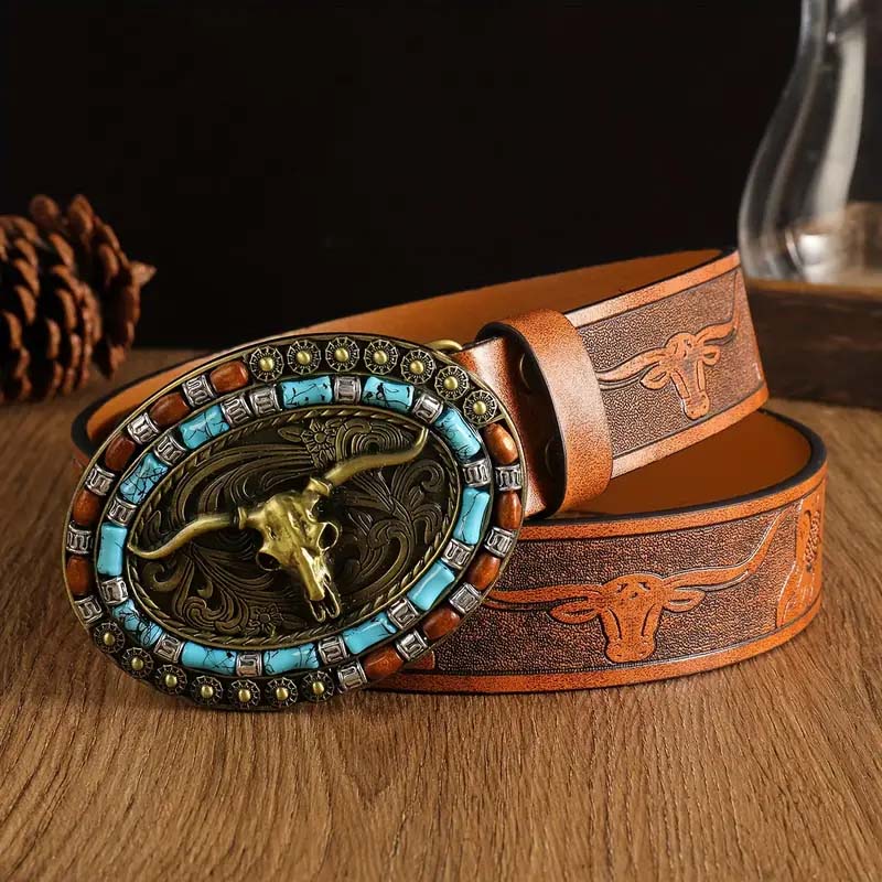 Retro Punk Embossed Western Denim Belt