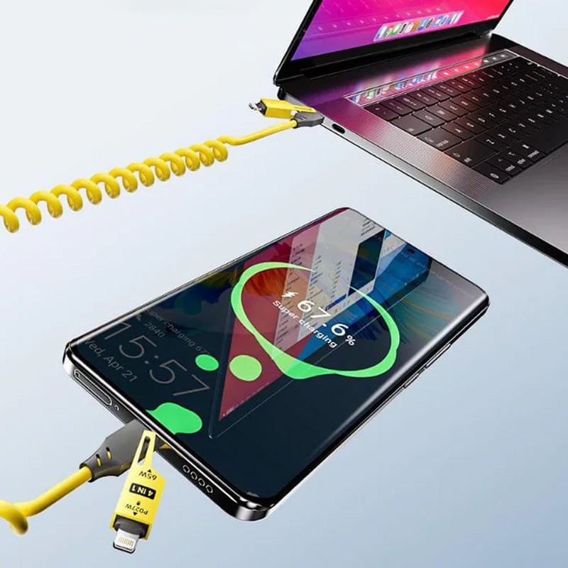 Spring retractable 4 in 1 65w fast charging data cable