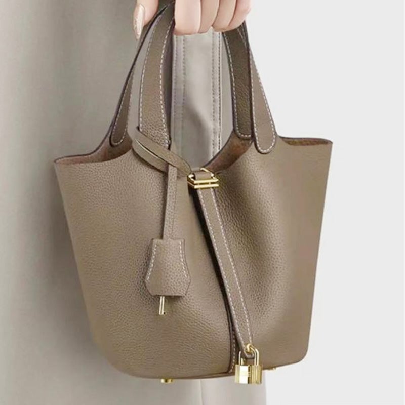 Trendy Plain Color Leather Handbag with Lock Design