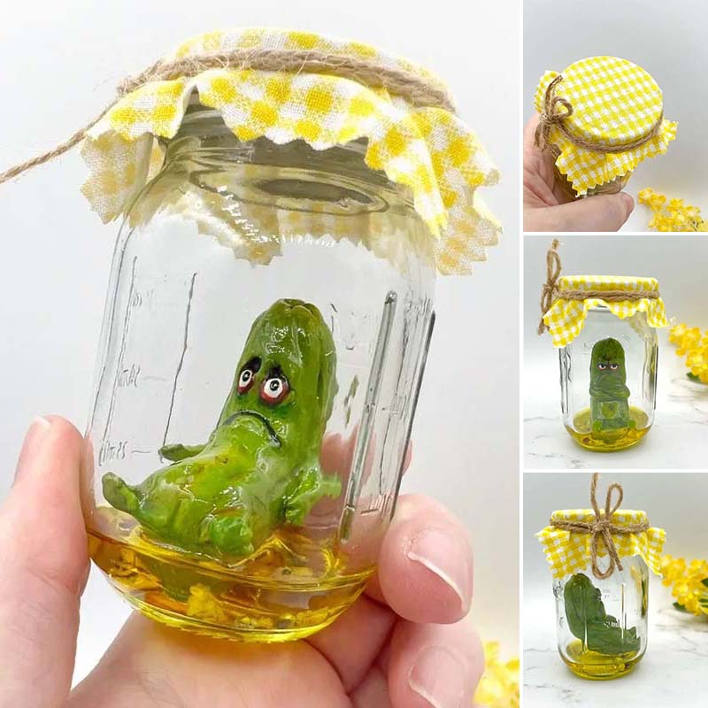 Grumpy Pickle in a Jar sculpture