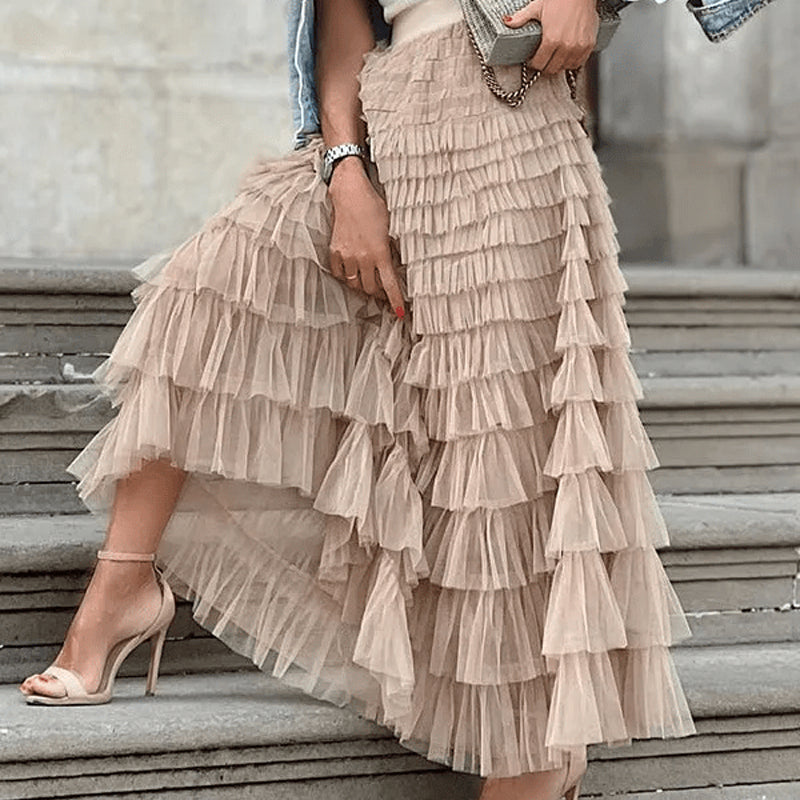 Tiered Elastic Waist Tulle Maxi Skirt