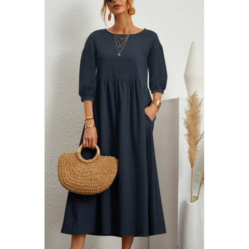 Solid Color Lantern Sleeve Loose Cotton Linen Dress