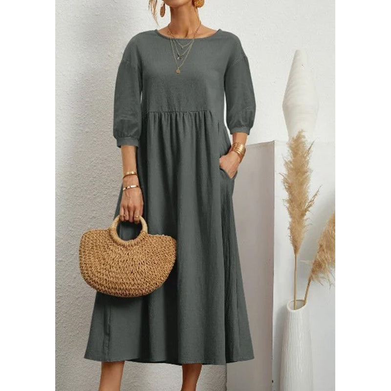 Solid Color Lantern Sleeve Loose Cotton Linen Dress