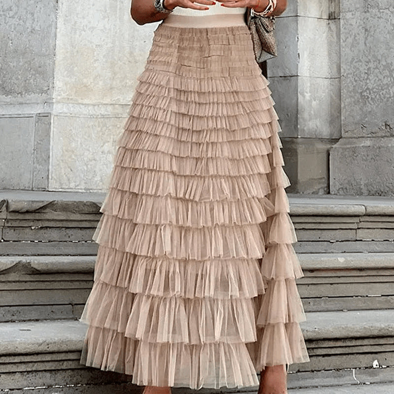 Tiered Elastic Waist Tulle Maxi Skirt