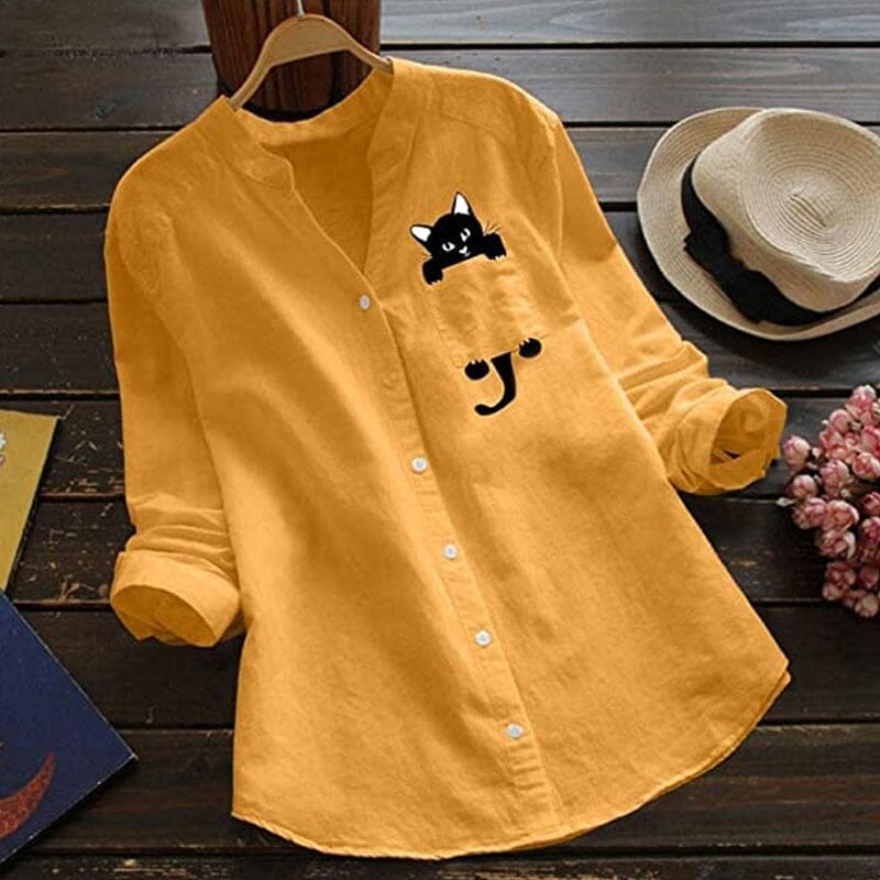 V-neck Cotton And Cat Print Long Sleeve Blouse