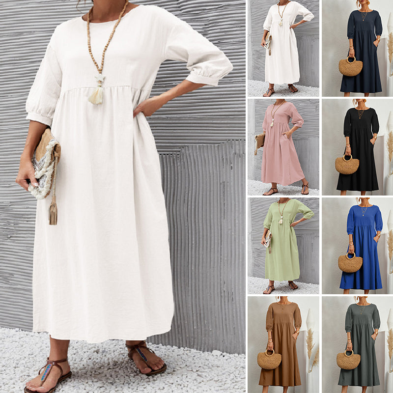 Solid Color Lantern Sleeve Loose Cotton Linen Dress