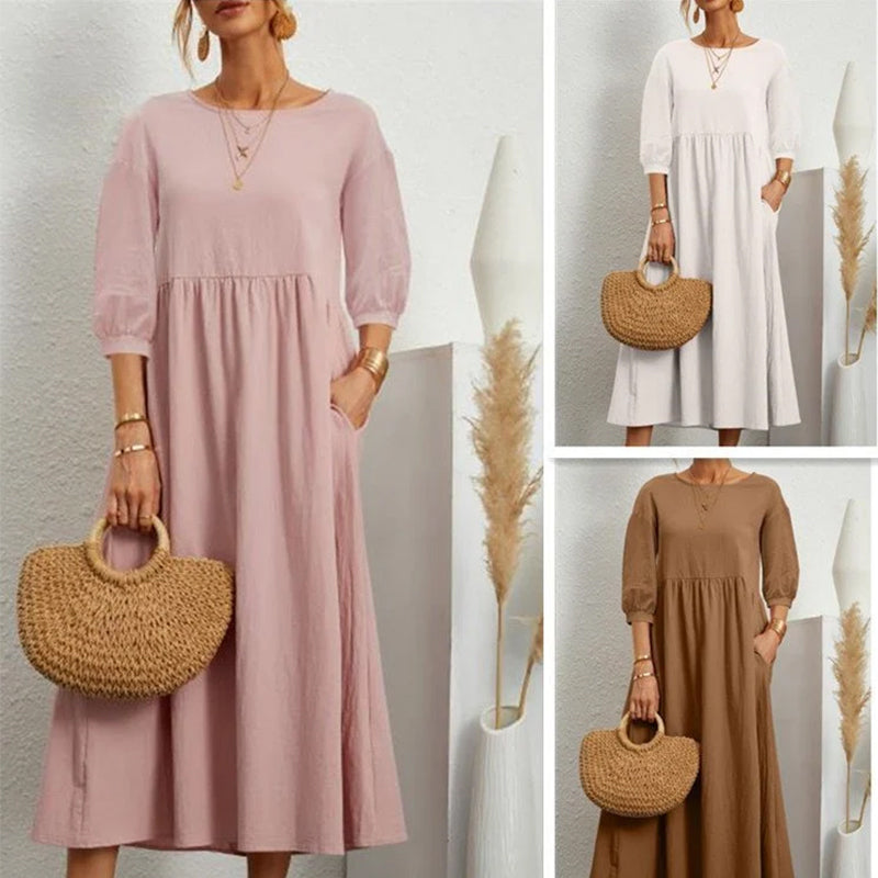 Solid Color Lantern Sleeve Loose Cotton Linen Dress