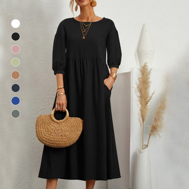 Solid Color Lantern Sleeve Loose Cotton Linen Dress