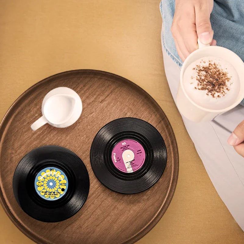 Vinyl Record Coasters with Retro Vinyl Player Holder