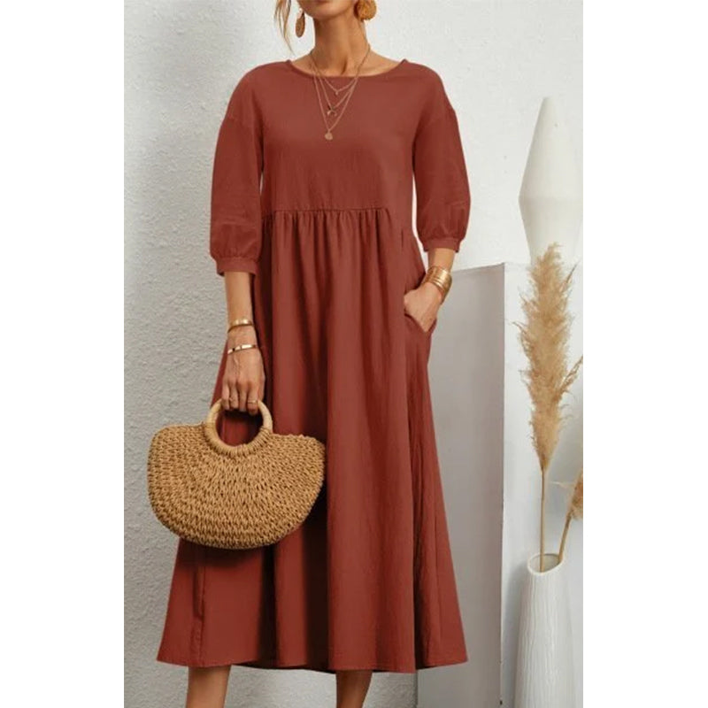 Solid Color Lantern Sleeve Loose Cotton Linen Dress