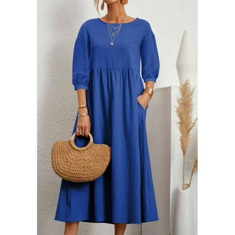 Solid Color Lantern Sleeve Loose Cotton Linen Dress